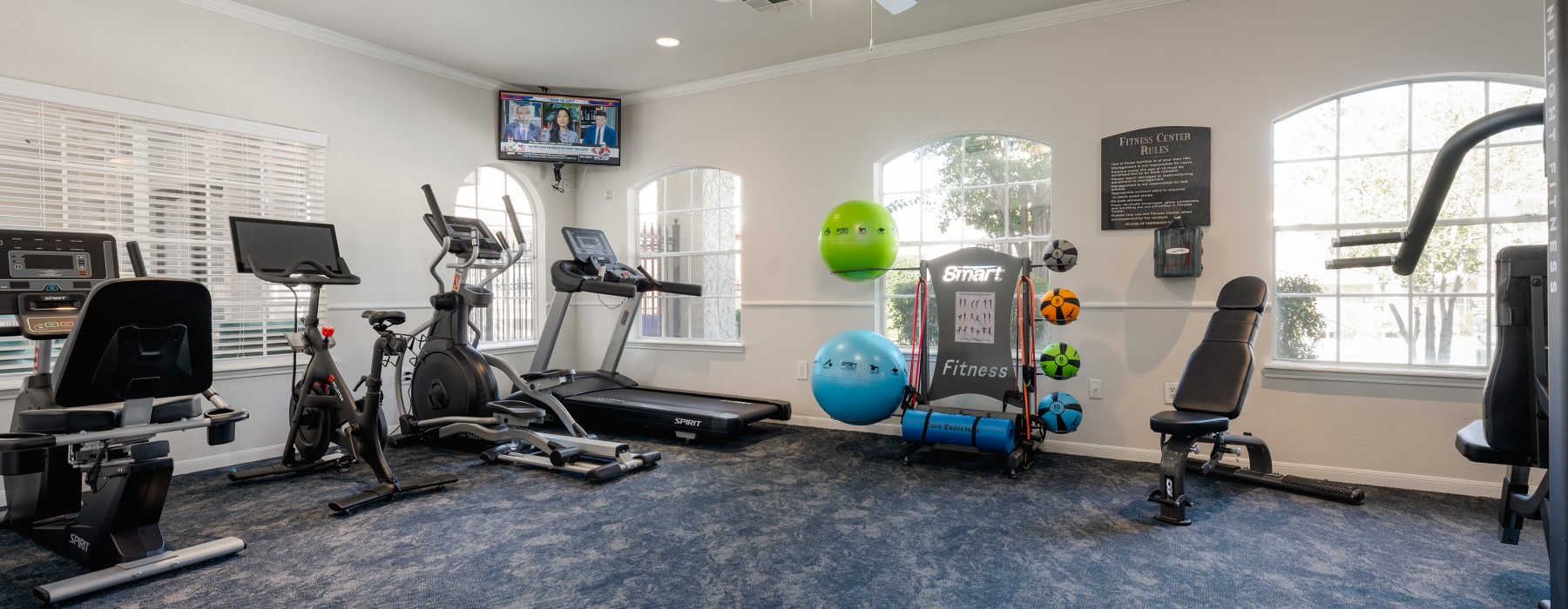 Gym room with cardio equipment, medicine balls and weight bench